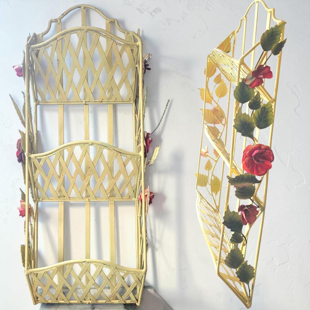 Vintage Metal Floral Wall Letter Organizer 3 Tier Roses Cottagecore Mail Holder